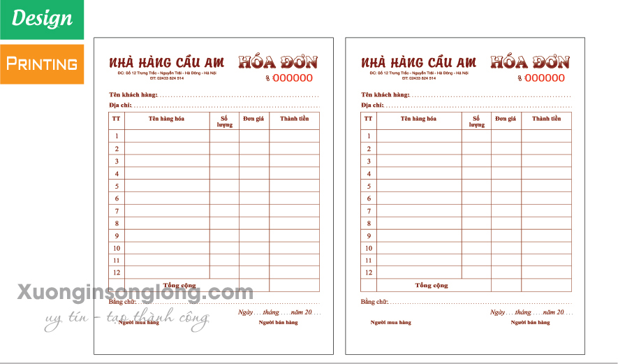 HÓA ĐƠN THANH TOÁN NHÀ HÀNG CẦU AM