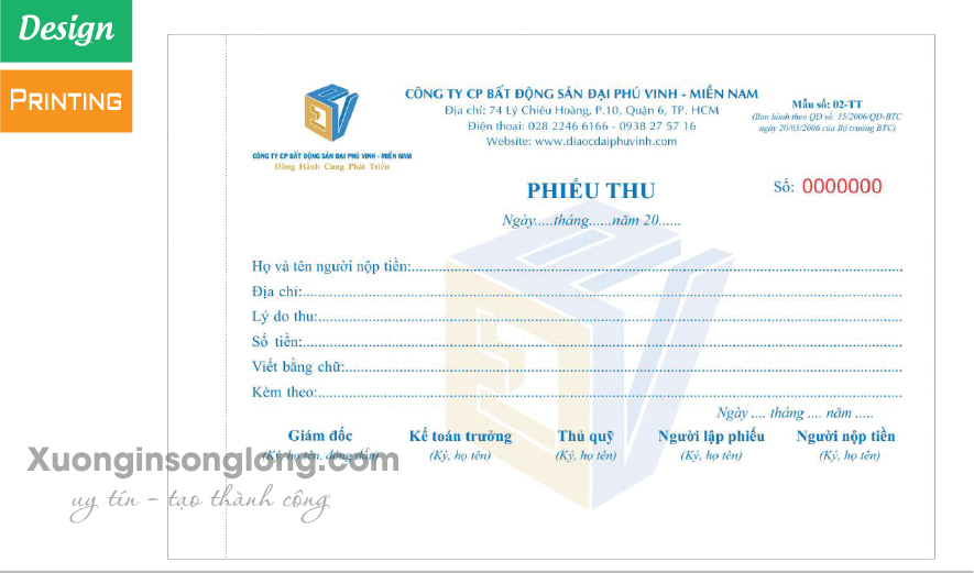 PHIẾU THU CHI CÔNG TY BẤT ĐỘNG SẢN