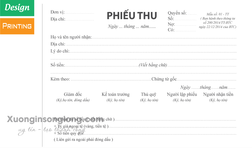 MẪU PHIẾU THU TIÊU CHUẨN