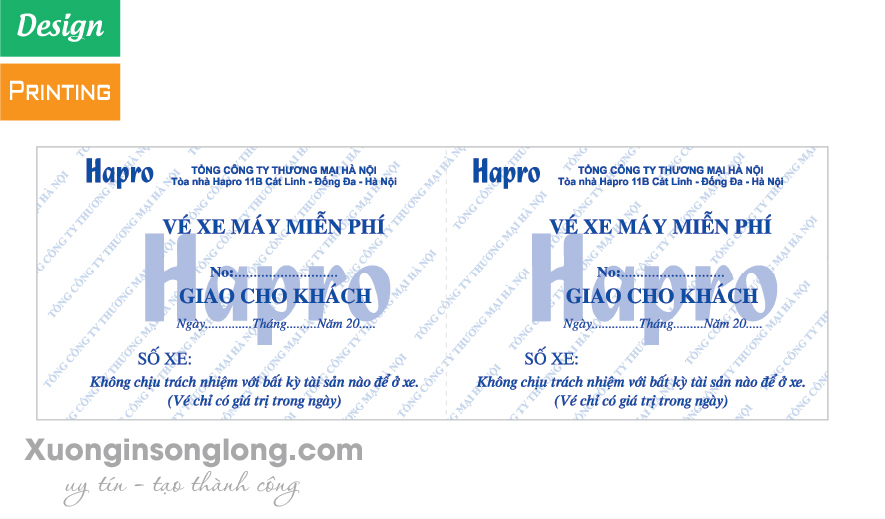 IN VÉ GỬI XE CÔNG TY HAPRO